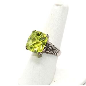 Sterling Silver 925 Peridot Green Glass Ring Size 8 Cushion Cut Stone